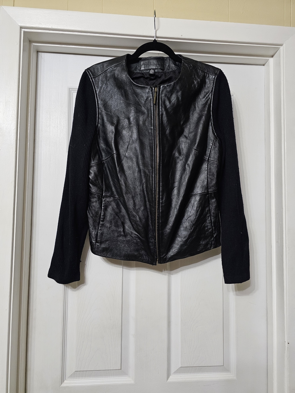 Jaclyn Smith Black Leather-Front Jacket with Knit Sleeves